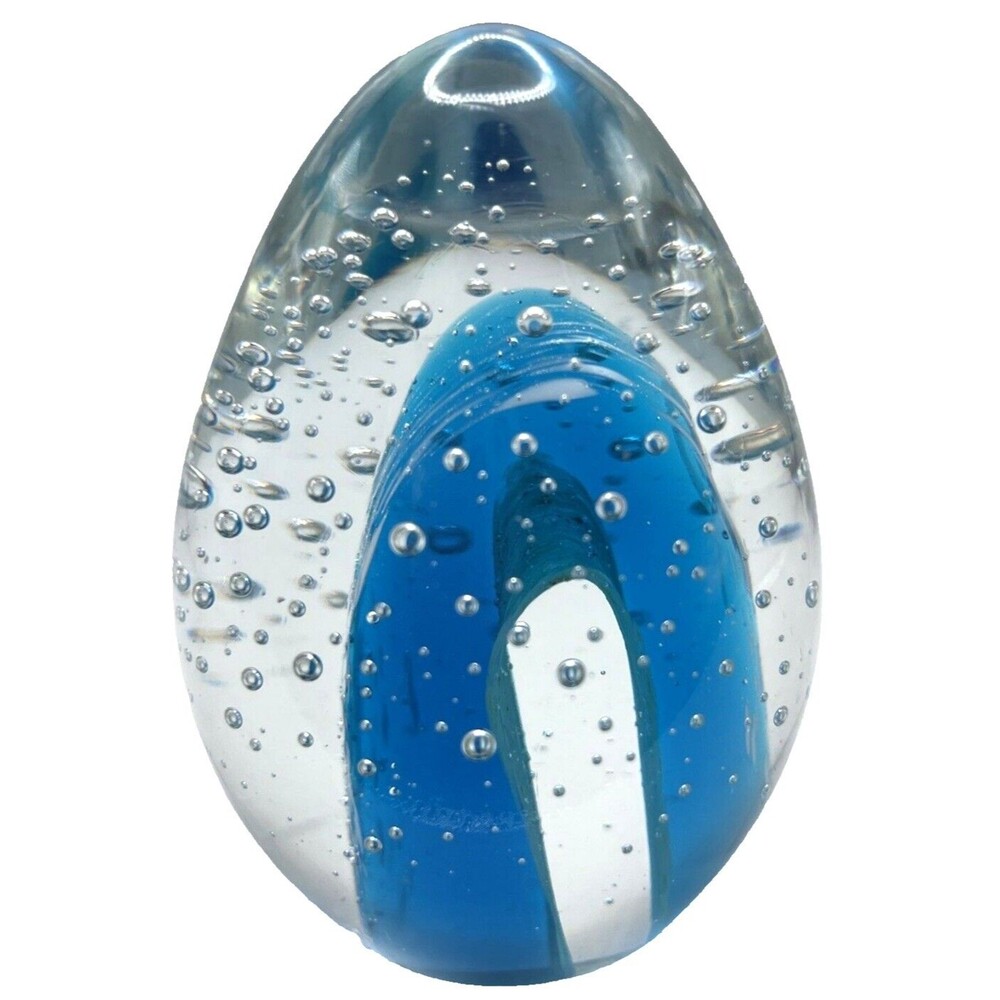 Art Glass Egg Sculpture Paperweight Controlled Bubbles Blue Swirl Waterfall 3.5"